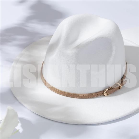 Women Elegant & White Classic Felt Fedora Wide Brim Hat with Belt Buckle